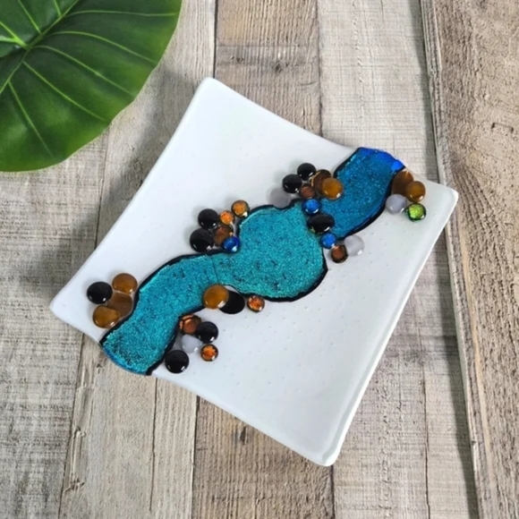 None Other - Handmade Square Ceramic Plate with River Design